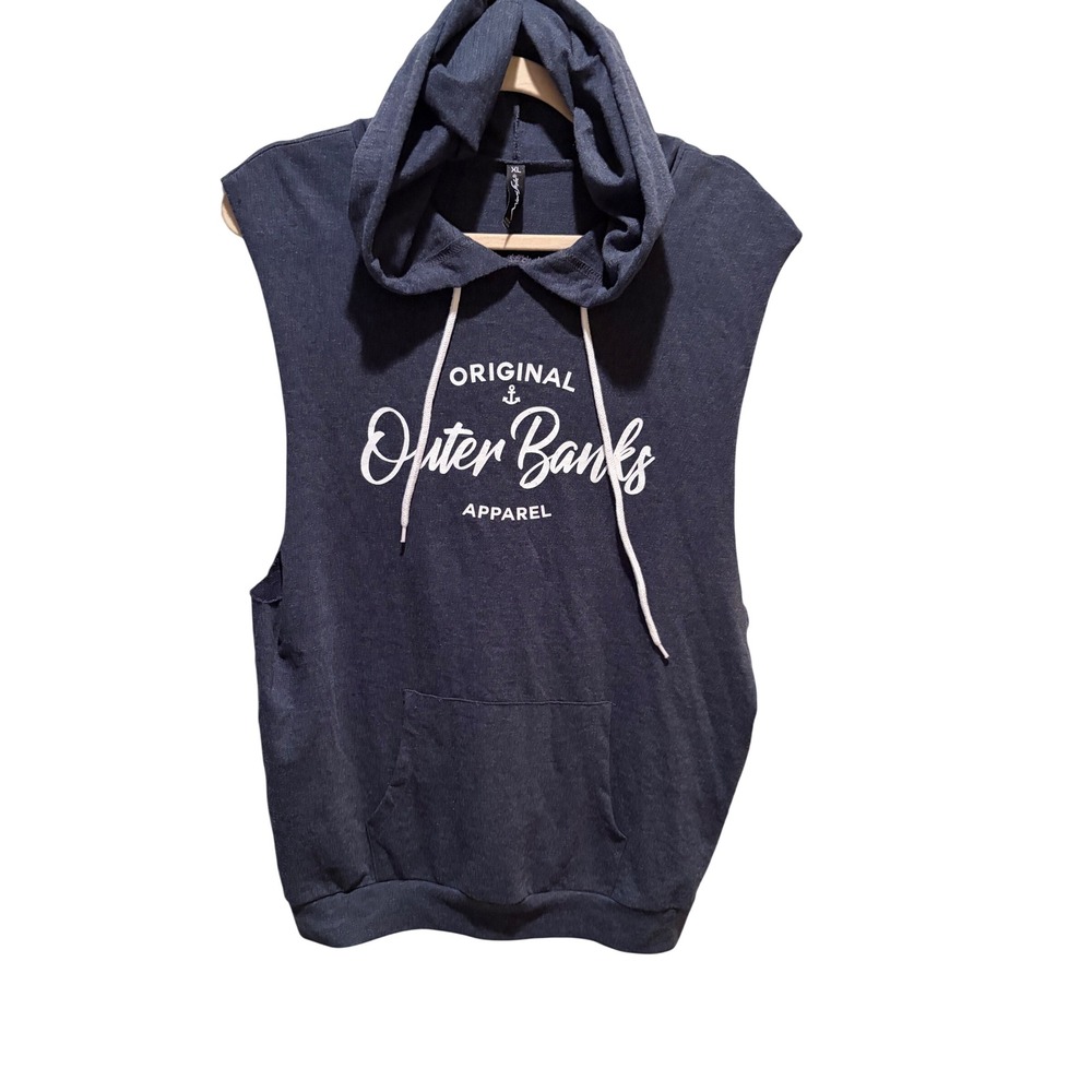 Miami Style Mens XL Sleeveless Hoodie Outer Banks Graphic Navy Blue Muscle Tank